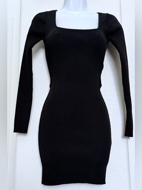 Astr Black Ribbed Square-Neck Long Sleeve Bodycon Dress